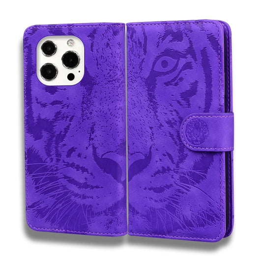 For iPhone 13 Pro Max Tiger Embossing Pattern Horizontal Flip Leather Case with Holder & Card Slots & Wallet (Purple) by buy2fix