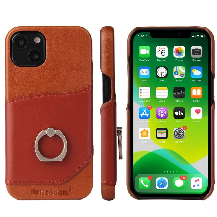 For iPhone 13 Fierre Shann Oil Wax Texture Genuine Leather Back Cover Case with 360 Degree Rotation Holder & Card Slot(Brown) - iPhone 13 Cases by FIERRE SHANN | Online Shopping UK | buy2fix