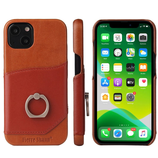 For iPhone 13 Fierre Shann Oil Wax Texture Genuine Leather Back Cover Case with 360 Degree Rotation Holder & Card Slot(Brown) - iPhone 13 Cases by FIERRE SHANN | Online Shopping UK | buy2fix
