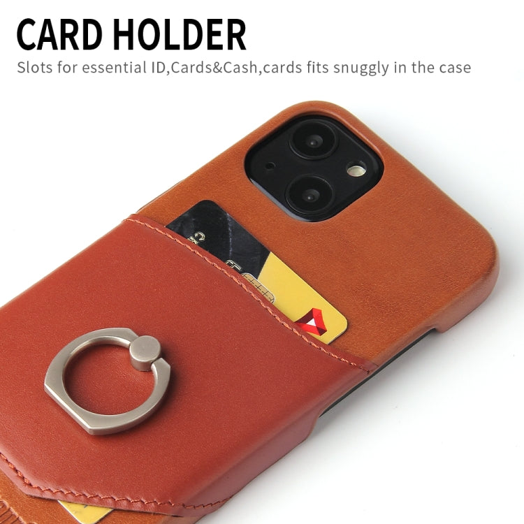 For iPhone 13 Fierre Shann Oil Wax Texture Genuine Leather Back Cover Case with 360 Degree Rotation Holder & Card Slot(Brown) - iPhone 13 Cases by FIERRE SHANN | Online Shopping UK | buy2fix