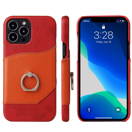 For iPhone 13 Pro Max Fierre Shann Oil Wax Texture Genuine Leather Back Cover Case with 360 Degree Rotation Holder & Card Slot (Red) - iPhone 13 Pro Max Cases by FIERRE SHANN | Online Shopping UK | buy2fix