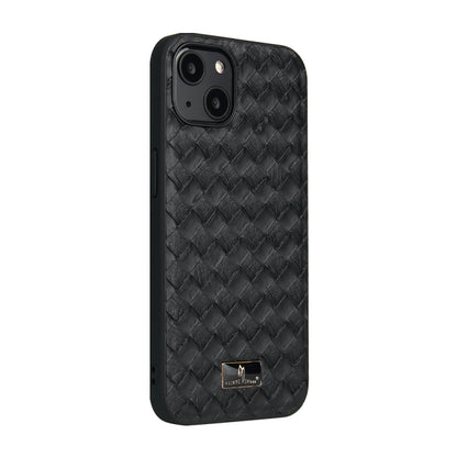 For iPhone 13 mini Fierre Shann Leather Texture Phone Back Cover Case (Woven Black) - iPhone 13 mini Cases by FIERRE SHANN | Online Shopping UK | buy2fix