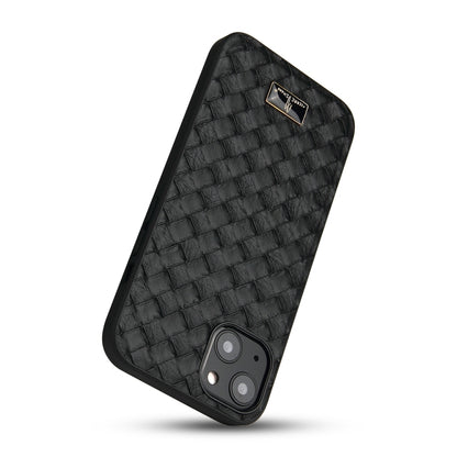For iPhone 13 mini Fierre Shann Leather Texture Phone Back Cover Case (Woven Black) - iPhone 13 mini Cases by FIERRE SHANN | Online Shopping UK | buy2fix