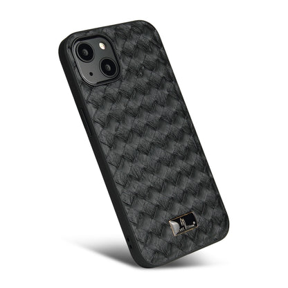 For iPhone 13 mini Fierre Shann Leather Texture Phone Back Cover Case (Woven Black) - iPhone 13 mini Cases by FIERRE SHANN | Online Shopping UK | buy2fix