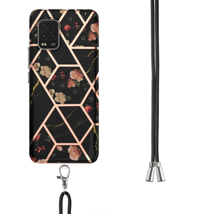 For Xiaomi Mi 10 Lite 5G Electroplating Splicing Marble Flower Pattern TPU Shockproof Case with Lanyard(Black Flower) - Xiaomi Cases by buy2fix | Online Shopping UK | buy2fix