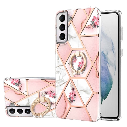 For Samsung Galaxy S21  5G Electroplating Splicing Marble Flower Pattern TPU Shockproof Case with Rhinestone Ring Holder(Pink Flower) - Galaxy S21 5G Cases by buy2fix | Online Shopping UK | buy2fix