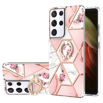 For Samsung Galaxy S21 Ultra 5G Electroplating Splicing Marble Flower Pattern TPU Shockproof Case with Rhinestone Ring Holder(Pink Flower) - Galaxy S21 Ultra 5G Cases by buy2fix | Online Shopping UK | buy2fix