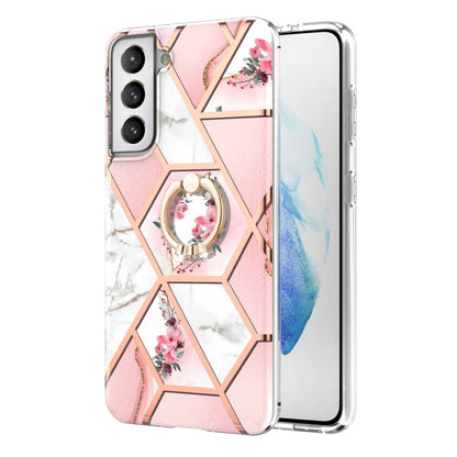 For Samsung Galaxy S21 FE Electroplating Splicing Marble Flower Pattern TPU Shockproof Case with Rhinestone Ring Holder(Pink Flower) by buy2fix