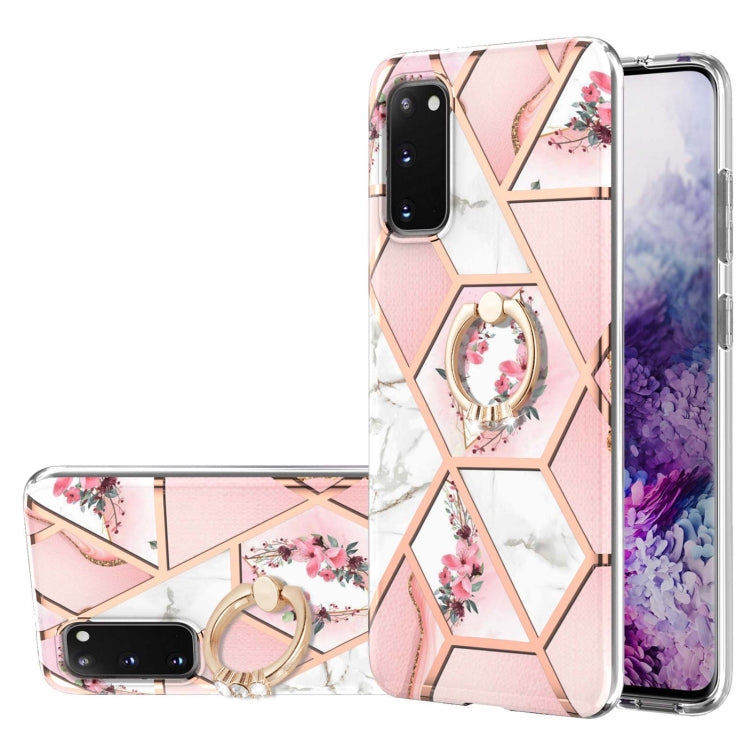 For Samsung Galaxy S20 Electroplating Splicing Marble Flower Pattern TPU Shockproof Case with Rhinestone Ring Holder(Pink Flower) by buy2fix