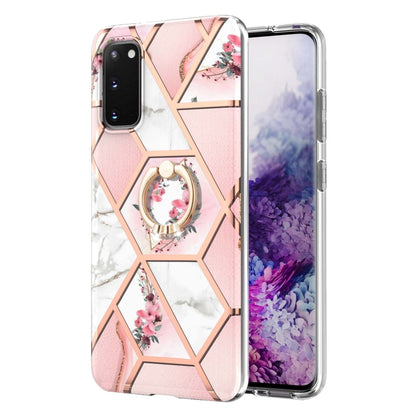 For Samsung Galaxy S20 Electroplating Splicing Marble Flower Pattern TPU Shockproof Case with Rhinestone Ring Holder(Pink Flower) by buy2fix