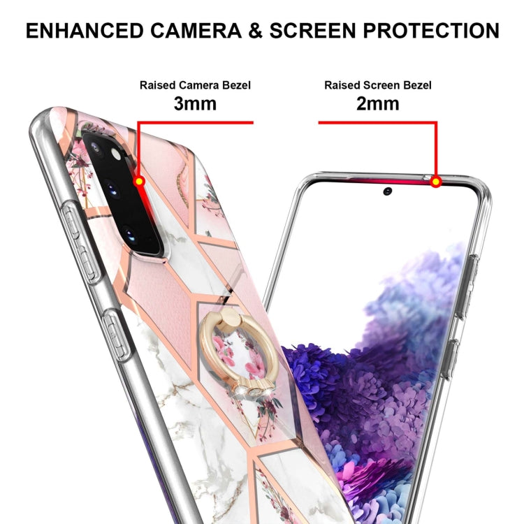 For Samsung Galaxy S20 Electroplating Splicing Marble Flower Pattern TPU Shockproof Case with Rhinestone Ring Holder(Pink Flower) by buy2fix