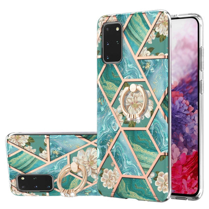 For Samsung Galaxy S20+ Electroplating Splicing Marble Flower Pattern TPU Shockproof Case with Rhinestone Ring Holder(Blue Flower) by buy2fix