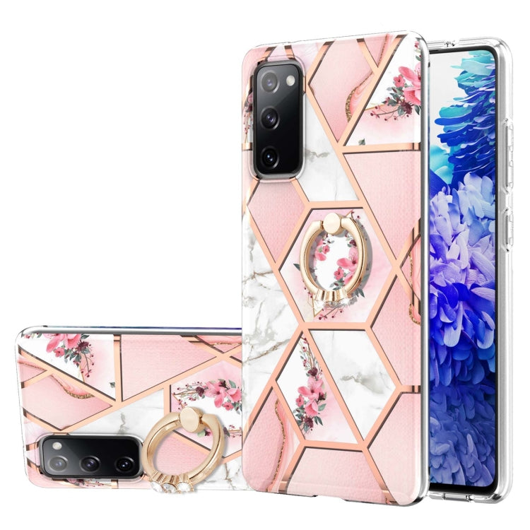 For Samsung Galaxy S20 FE / S20 Lite Electroplating Splicing Marble Flower Pattern TPU Shockproof Case with Rhinestone Ring Holder(Pink Flower) by buy2fix