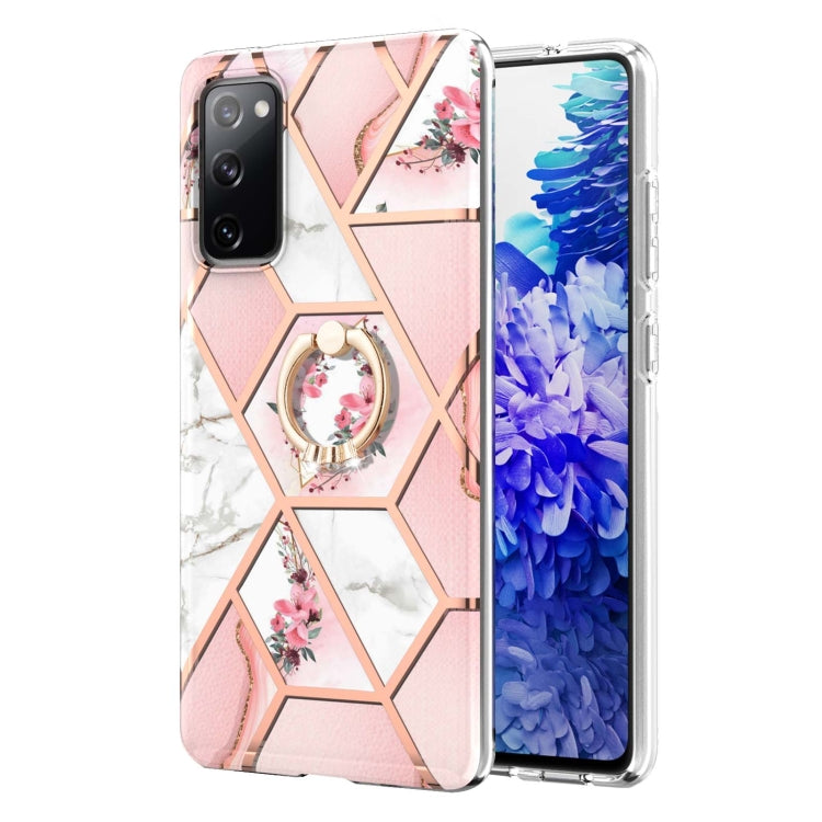 For Samsung Galaxy S20 FE / S20 Lite Electroplating Splicing Marble Flower Pattern TPU Shockproof Case with Rhinestone Ring Holder(Pink Flower) by buy2fix