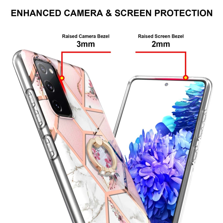 For Samsung Galaxy S20 FE / S20 Lite Electroplating Splicing Marble Flower Pattern TPU Shockproof Case with Rhinestone Ring Holder(Pink Flower) by buy2fix