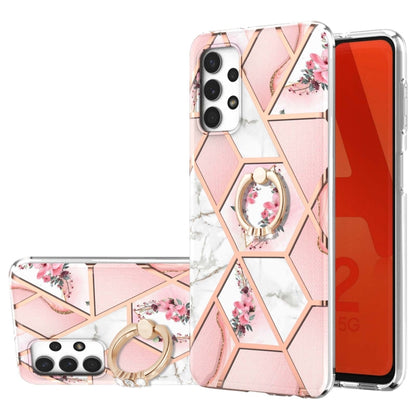 For Samsung Galaxy A32 5G Electroplating Splicing Marble Flower Pattern TPU Shockproof Case with Rhinestone Ring Holder(Pink Flower) by buy2fix