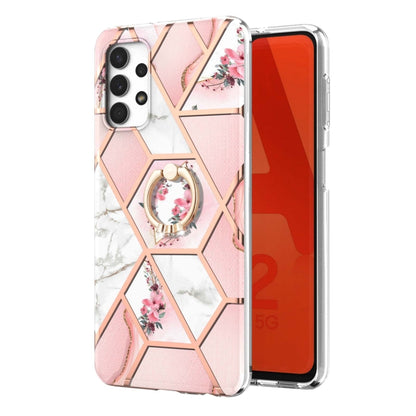 For Samsung Galaxy A32 5G Electroplating Splicing Marble Flower Pattern TPU Shockproof Case with Rhinestone Ring Holder(Pink Flower) by buy2fix