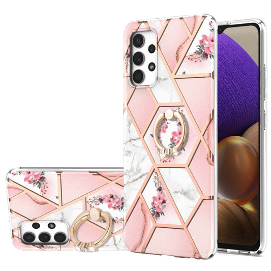 For Samsung Galaxy A32 4G EU Version Electroplating Splicing Marble Flower Pattern TPU Shockproof Case with Rhinestone Ring Holder(Pink Flower) by buy2fix