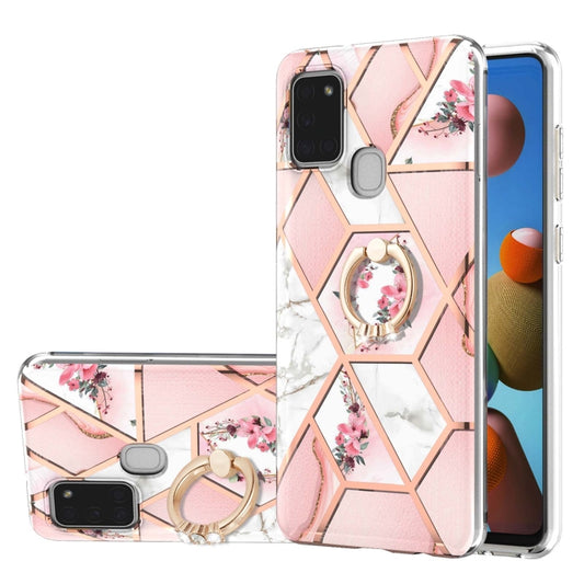 For Samsung Galaxy A21s Electroplating Splicing Marble Flower Pattern TPU Shockproof Case with Rhinestone Ring Holder(Pink Flower) by buy2fix