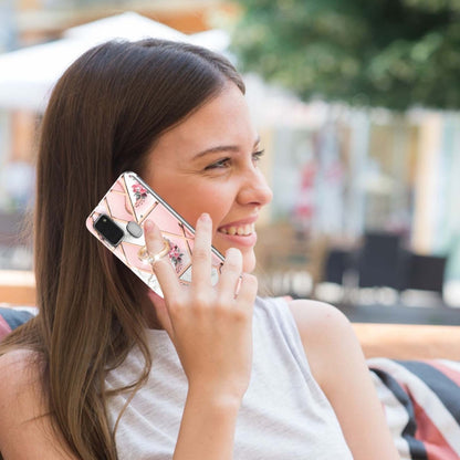 For Samsung Galaxy A21s Electroplating Splicing Marble Flower Pattern TPU Shockproof Case with Rhinestone Ring Holder(Pink Flower) by buy2fix