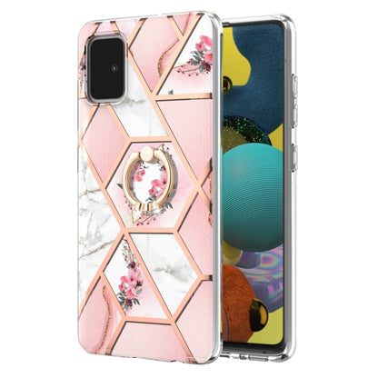 For Samsung Galaxy A51 4G Electroplating Splicing Marble Flower Pattern TPU Shockproof Case with Rhinestone Ring Holder(Pink Flower) by buy2fix