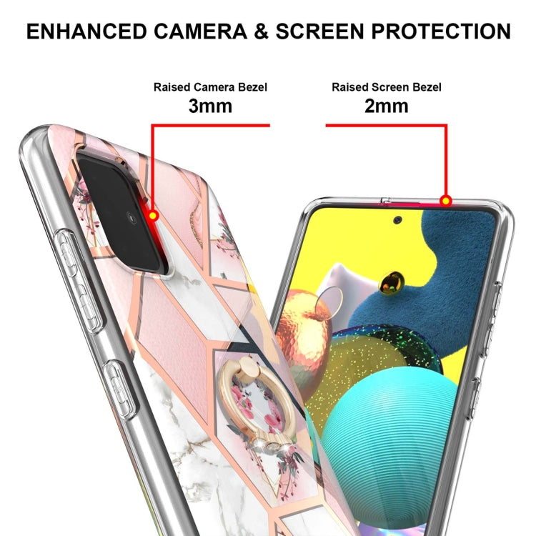For Samsung Galaxy A51 4G Electroplating Splicing Marble Flower Pattern TPU Shockproof Case with Rhinestone Ring Holder(Pink Flower) by buy2fix