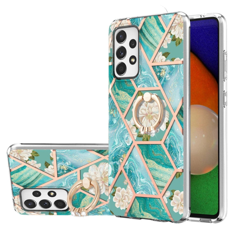 For Samsung Galaxy A52 5G / 4G Electroplating Splicing Marble Flower Pattern TPU Shockproof Case with Rhinestone Ring Holder(Blue Flower) by buy2fix