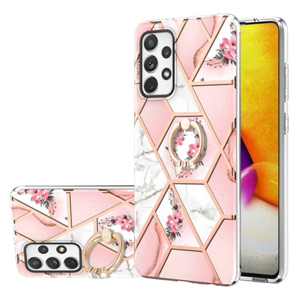 For Samsung Galaxy A72 5G / 4G Electroplating Splicing Marble Flower Pattern TPU Shockproof Case with Rhinestone Ring Holder(Pink Flower) by buy2fix