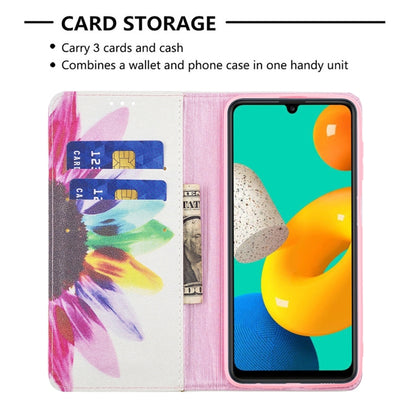 For Samsung Galaxy M32 Colored Drawing Pattern Invisible Magnetic Horizontal Flip PU Leather Case with Holder & Card Slots & Wallet(Sun Flower) by buy2fix