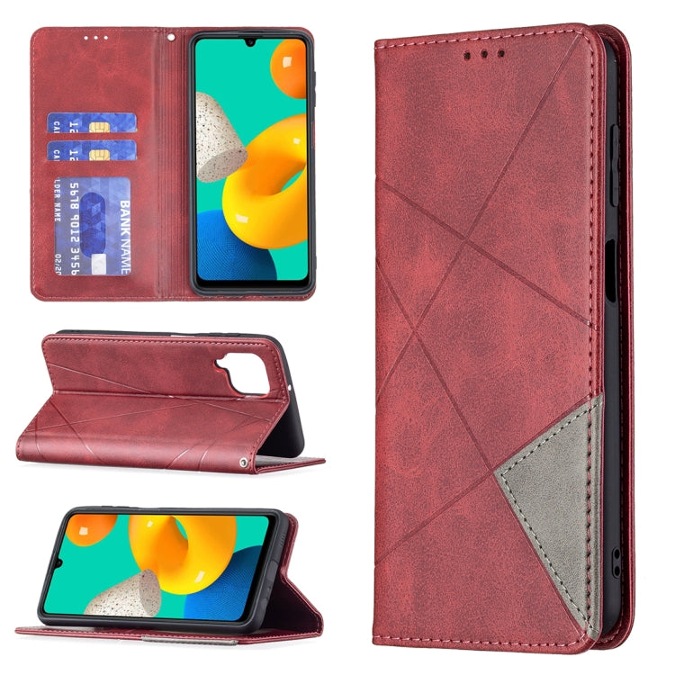 For Samsung Galaxy M32 Rhombus Texture Horizontal Flip Magnetic Leather Case with Holder & Card Slots(Red) by buy2fix