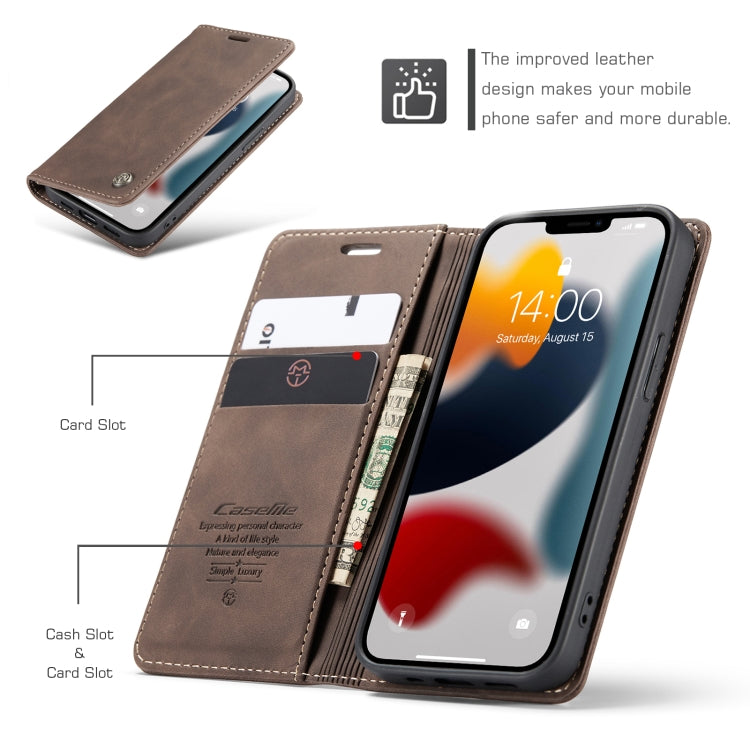 For iPhone 13 CaseMe-013 Multifunctional Retro Frosted Horizontal Flip Leather Case with Card Slot & Holder & Wallet(Coffee) by CaseMe