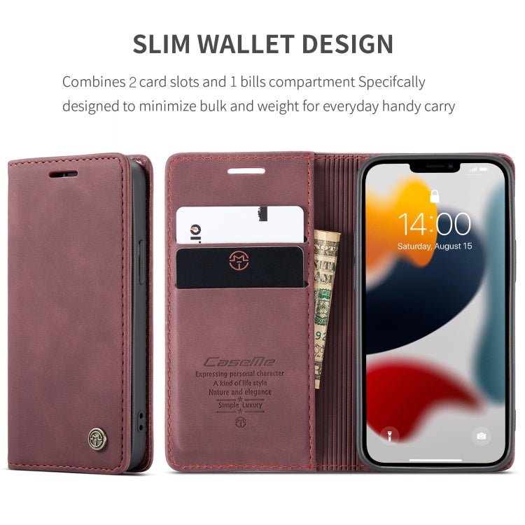 For iPhone 13 CaseMe-013 Multifunctional Retro Frosted Horizontal Flip Leather Case with Card Slot & Holder & Wallet(Wine Red) by CaseMe