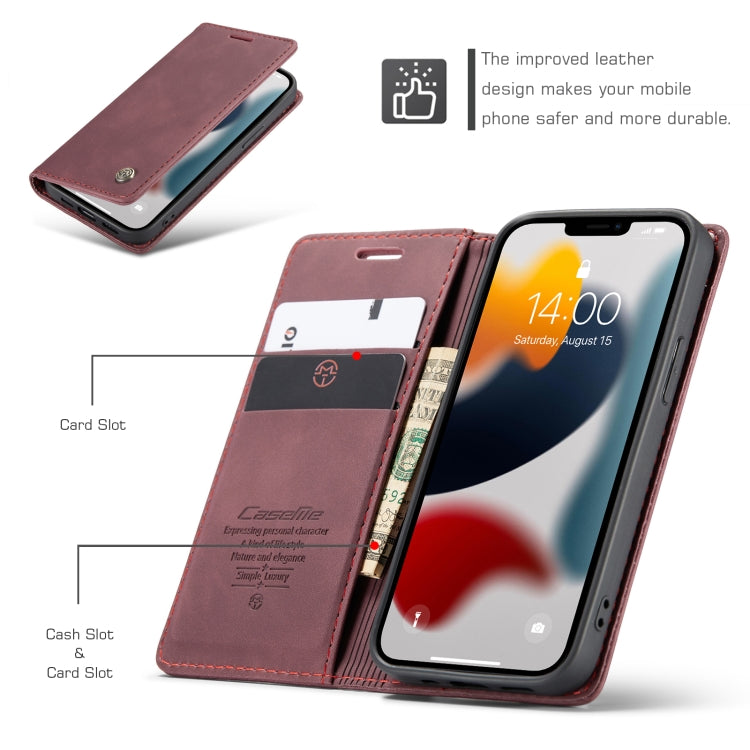 For iPhone 13 CaseMe-013 Multifunctional Retro Frosted Horizontal Flip Leather Case with Card Slot & Holder & Wallet(Wine Red) by CaseMe
