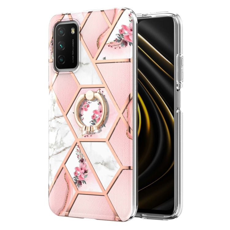 For Xiaomi Poco M3 / Redmi Note 9 4G / Redmi 9 Power / Redmi 9T Electroplating Splicing Marble Flower Pattern TPU Shockproof Case with Rhinestone Ring Holder(Pink Flower) - Xiaomi Cases by buy2fix | Online Shopping UK | buy2fix