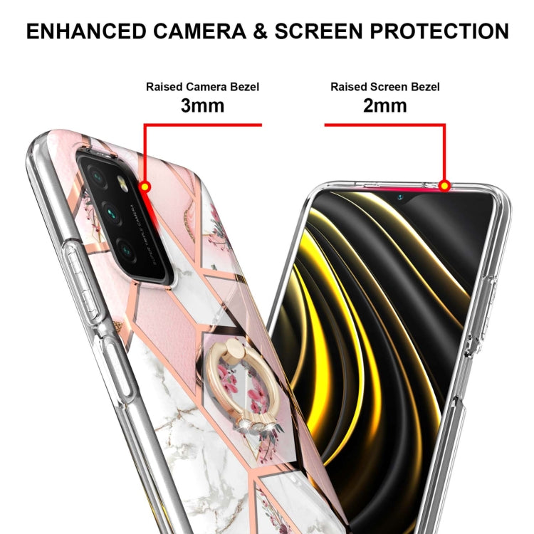 For Xiaomi Poco M3 / Redmi Note 9 4G / Redmi 9 Power / Redmi 9T Electroplating Splicing Marble Flower Pattern TPU Shockproof Case with Rhinestone Ring Holder(Pink Flower) - Xiaomi Cases by buy2fix | Online Shopping UK | buy2fix