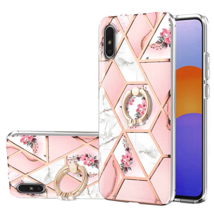 For Xiaomi Redmi 9A Electroplating Splicing Marble Flower Pattern TPU Shockproof Case with Rhinestone Ring Holder(Pink Flower) by buy2fix