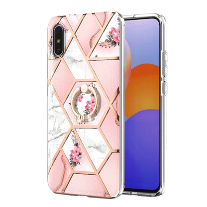 For Xiaomi Redmi 9A Electroplating Splicing Marble Flower Pattern TPU Shockproof Case with Rhinestone Ring Holder(Pink Flower) by buy2fix