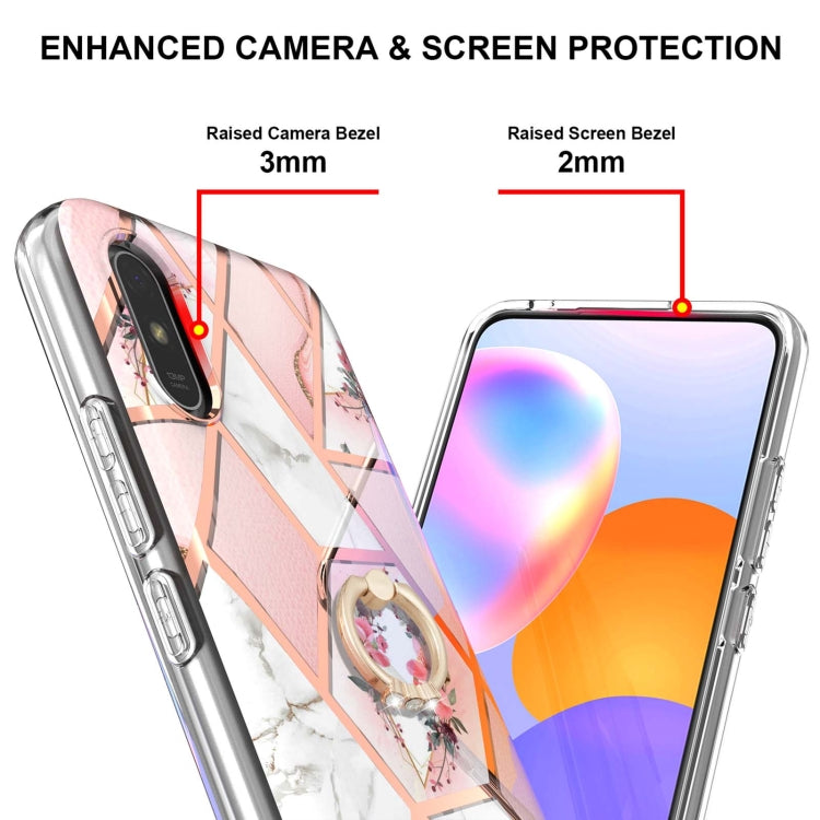 For Xiaomi Redmi 9A Electroplating Splicing Marble Flower Pattern TPU Shockproof Case with Rhinestone Ring Holder(Pink Flower) by buy2fix