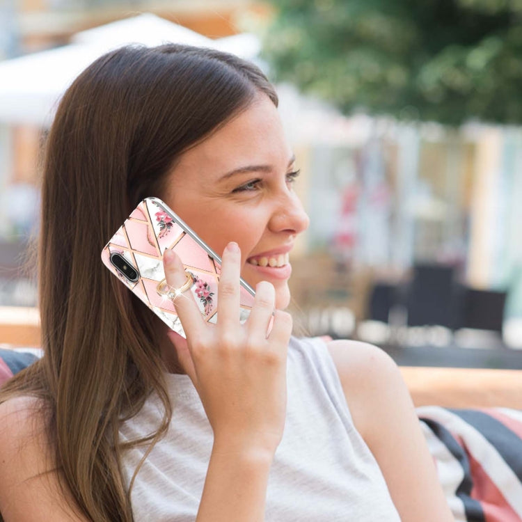 For Xiaomi Redmi 9A Electroplating Splicing Marble Flower Pattern TPU Shockproof Case with Rhinestone Ring Holder(Pink Flower) by buy2fix