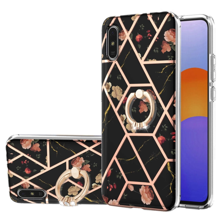For Xiaomi Redmi 9A Electroplating Splicing Marble Flower Pattern TPU Shockproof Case with Rhinestone Ring Holder(Black Flower) by buy2fix