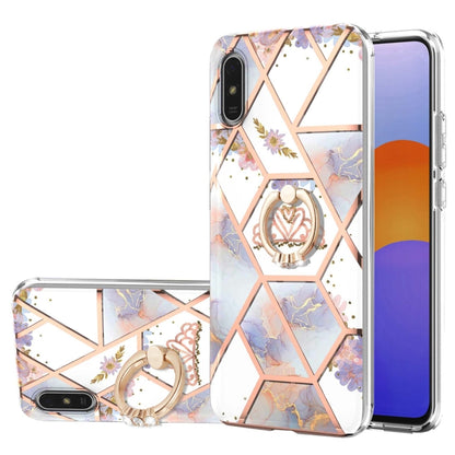 For Xiaomi Redmi 9A Electroplating Splicing Marble Flower Pattern TPU Shockproof Case with Rhinestone Ring Holder(Imperial Crown) - Xiaomi Cases by buy2fix | Online Shopping UK | buy2fix