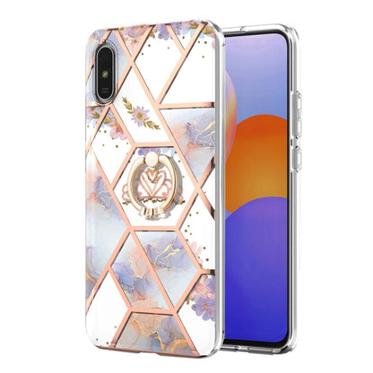 For Xiaomi Redmi 9A Electroplating Splicing Marble Flower Pattern TPU Shockproof Case with Rhinestone Ring Holder(Imperial Crown) - Xiaomi Cases by buy2fix | Online Shopping UK | buy2fix