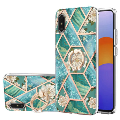 For Xiaomi Redmi 9A Electroplating Splicing Marble Flower Pattern TPU Shockproof Case with Rhinestone Ring Holder(Blue Flower) - Xiaomi Cases by buy2fix | Online Shopping UK | buy2fix