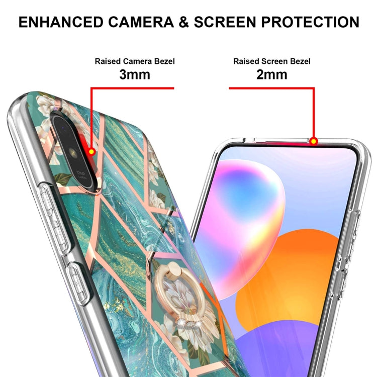 For Xiaomi Redmi 9A Electroplating Splicing Marble Flower Pattern TPU Shockproof Case with Rhinestone Ring Holder(Blue Flower) - Xiaomi Cases by buy2fix | Online Shopping UK | buy2fix