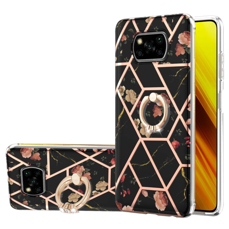 For Xiaomi Poco X3 NFC Electroplating Splicing Marble Flower Pattern TPU Shockproof Case with Rhinestone Ring Holder(Black Flower) - Xiaomi Cases by buy2fix | Online Shopping UK | buy2fix