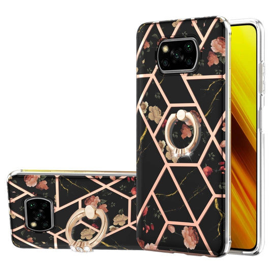 For Xiaomi Poco X3 NFC Electroplating Splicing Marble Flower Pattern TPU Shockproof Case with Rhinestone Ring Holder(Black Flower) by buy2fix