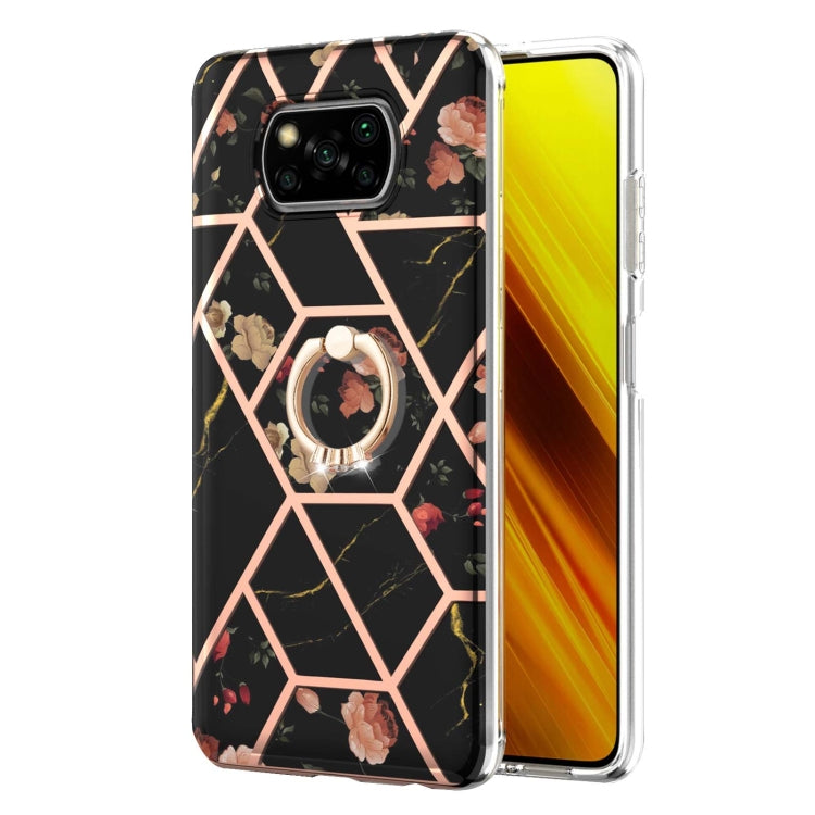 For Xiaomi Poco X3 NFC Electroplating Splicing Marble Flower Pattern TPU Shockproof Case with Rhinestone Ring Holder(Black Flower) - Xiaomi Cases by buy2fix | Online Shopping UK | buy2fix