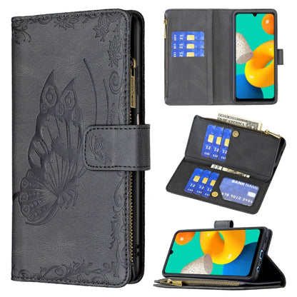 For Samsung Galaxy M32 Flying Butterfly Embossing Pattern Zipper Horizontal Flip Leather Case with Holder & Card Slots & Wallet(Black) by buy2fix