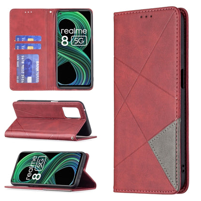 For OPPO Realme 8 5G / V13 Rhombus Texture Horizontal Flip Magnetic Leather Case with Holder & Card Slots(Red) - Realme Cases by buy2fix | Online Shopping UK | buy2fix