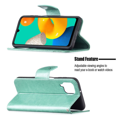 For Samsung Galaxy M32 Embossing Two Butterflies Pattern Horizontal Flip PU Leather Case with Holder & Card Slot & Wallet & Lanyard(Green) by buy2fix